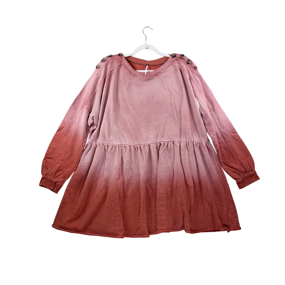 Free People Shirt Dress Women Large Orange Pink Ombre Oversized Button Shoulder